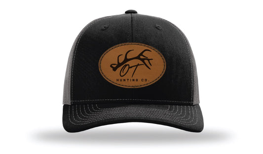 OT Hunting Black + Grey Leather Patch Richardson Trucker Hat